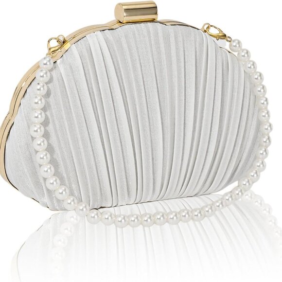 White Shell Shape Evening Clutch Purse with Pearl Chain for Weddings and Parties
